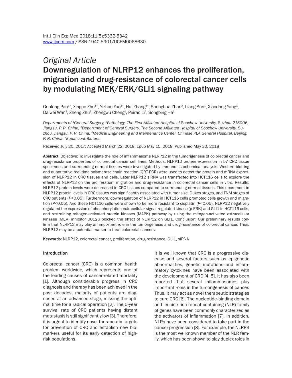 Original Article Downregulation of NLRP12 Enhances the Proliferation