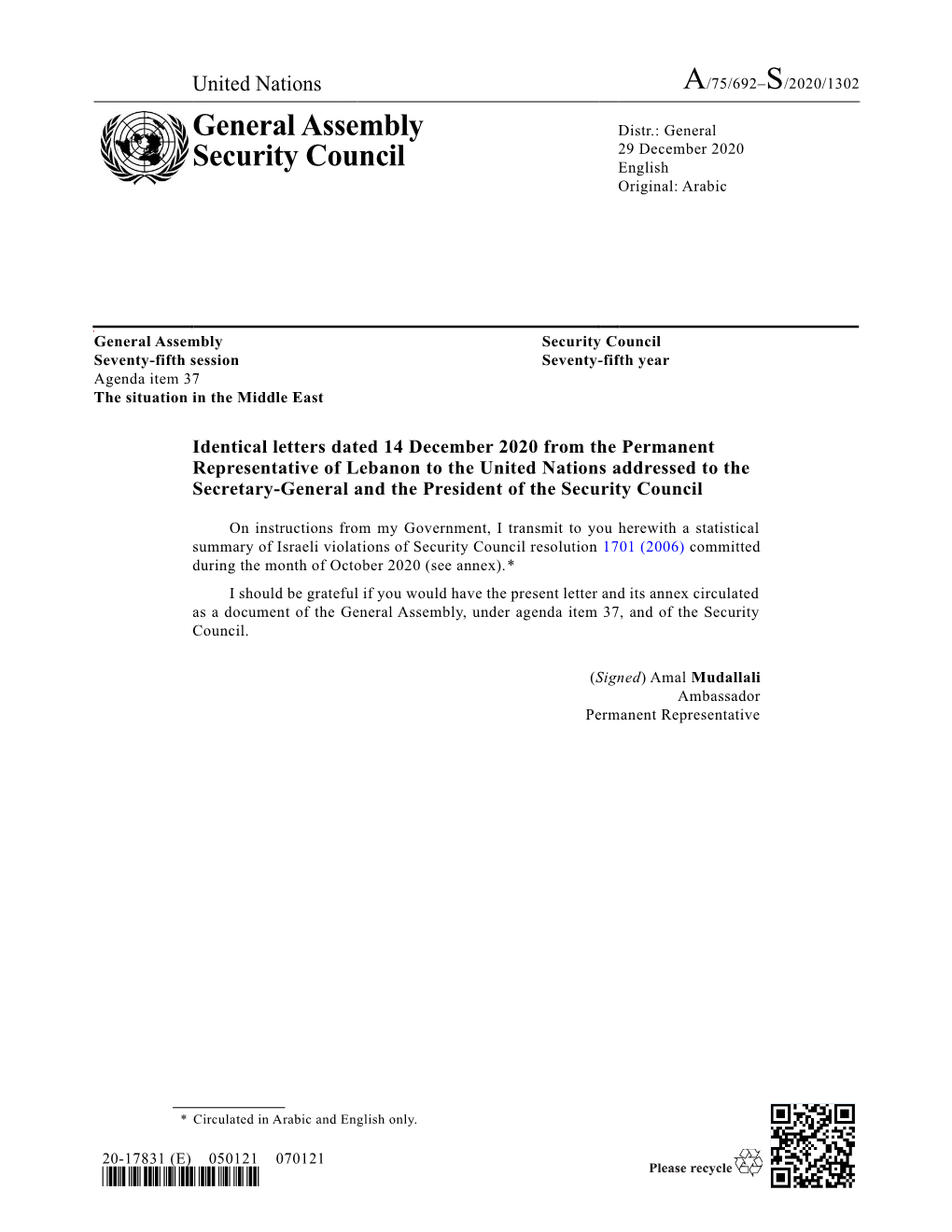 General Assembly Security Council Seventy-Fifth Session Seventy-Fifth Year Agenda Item 37 the Situation in the Middle East