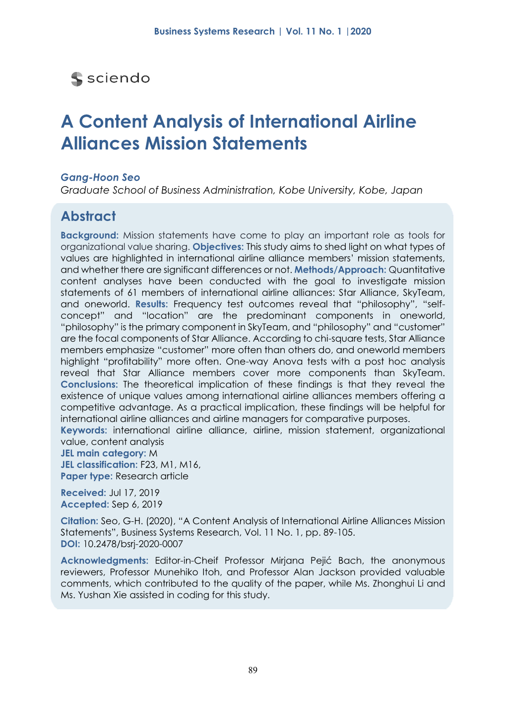 A Content Analysis of International Airline Alliances Mission Statements