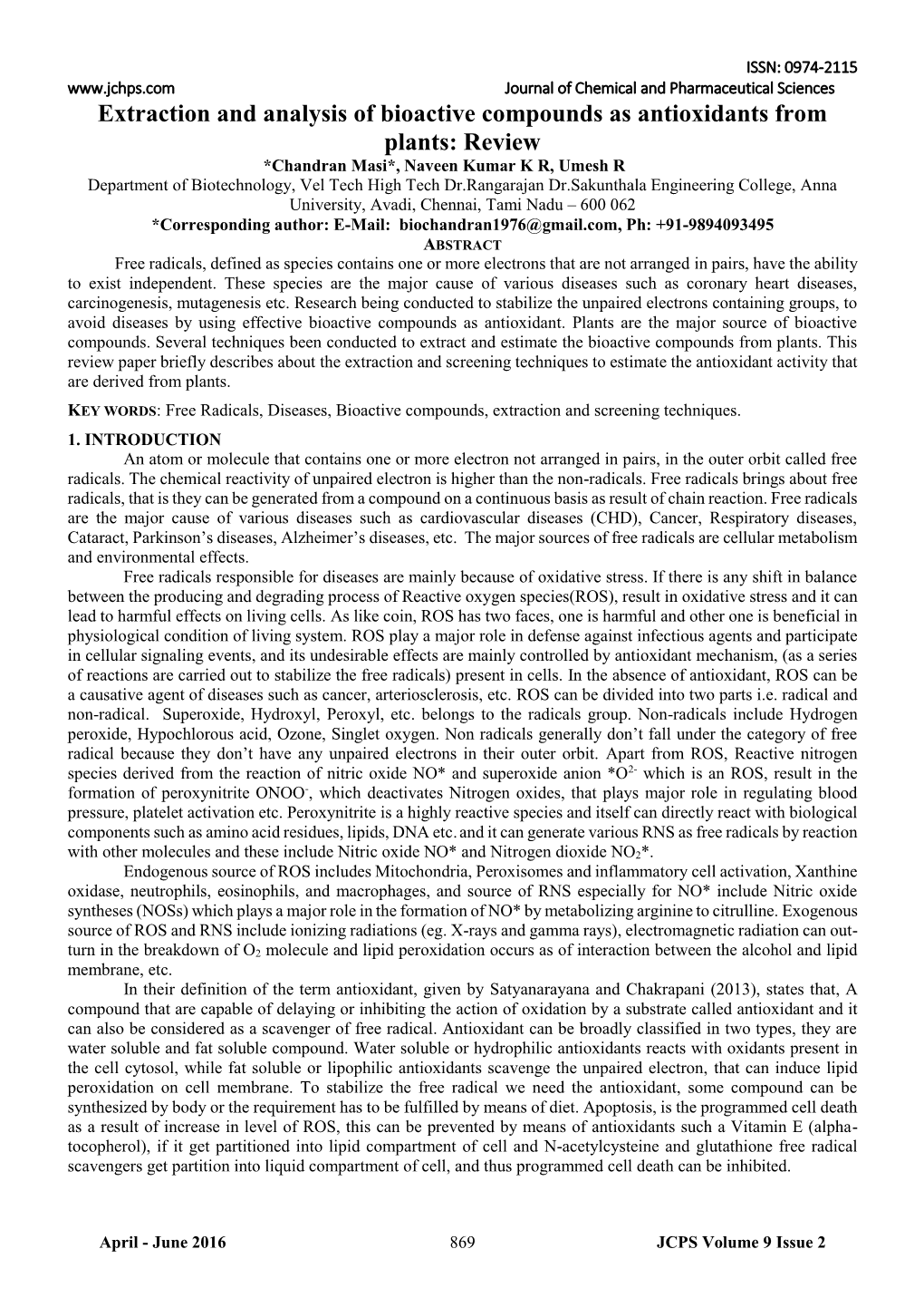 Extraction and Analysis of Bioactive Compounds As Antioxidants From