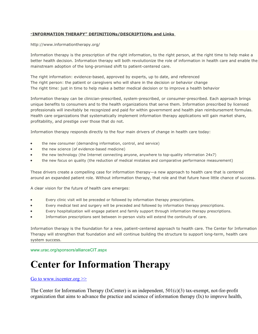 INFORMATION THERAPY Definitions/Descriptions and Links