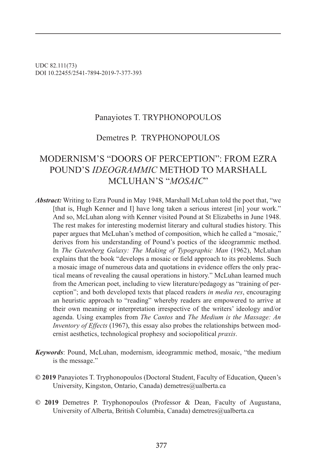 Modernism's “Doors of Perception”: from Ezra Pound's Ideogrammic Method to Marshall Mcluhan's “Mosaic”