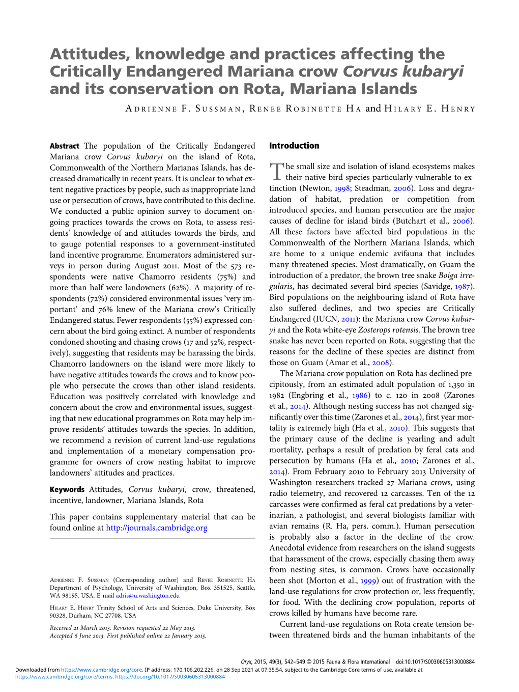 Attitudes, Knowledge and Practices Affecting the Critically Endangered Mariana Crow Corvus Kubaryi and Its Conservation on Rota, Mariana Islands