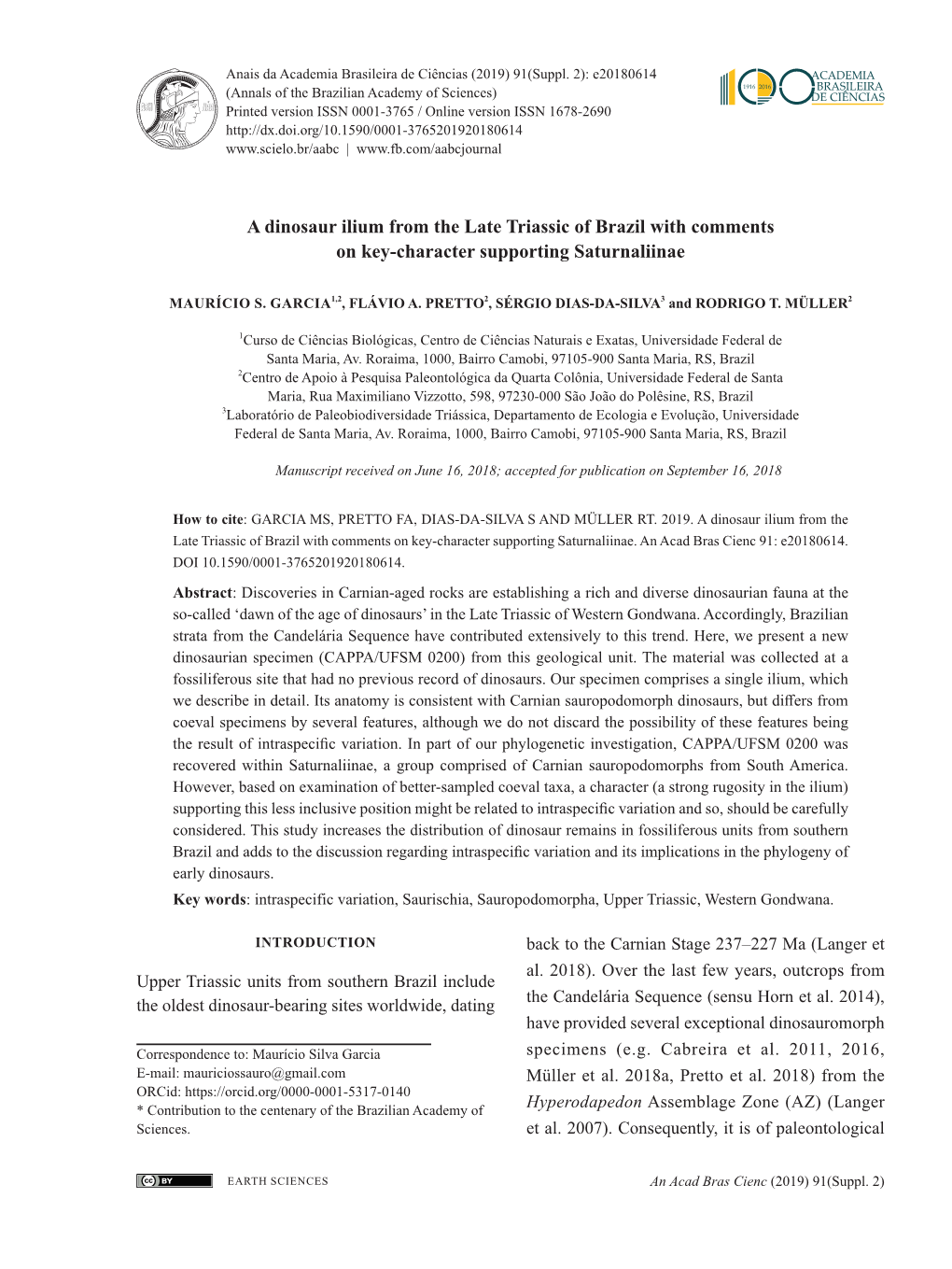 A Dinosaur Ilium from the Late Triassic of Brazil with Comments on Key-Character Supporting Saturnaliinae