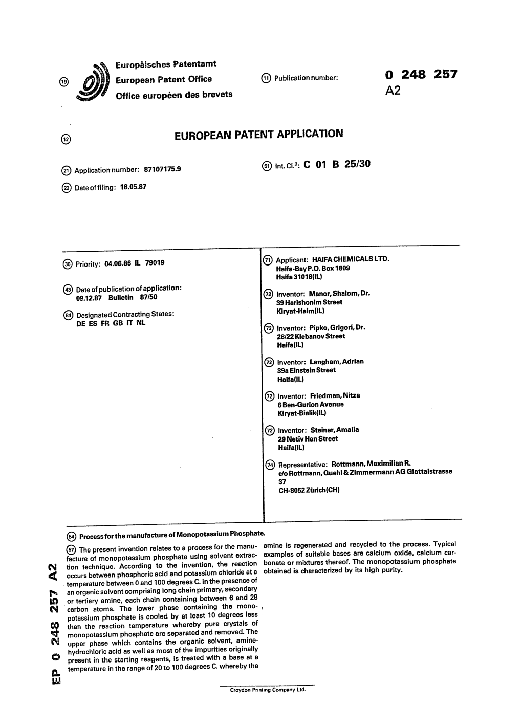 Process for the Manufacture of Monopotassium Phosphate