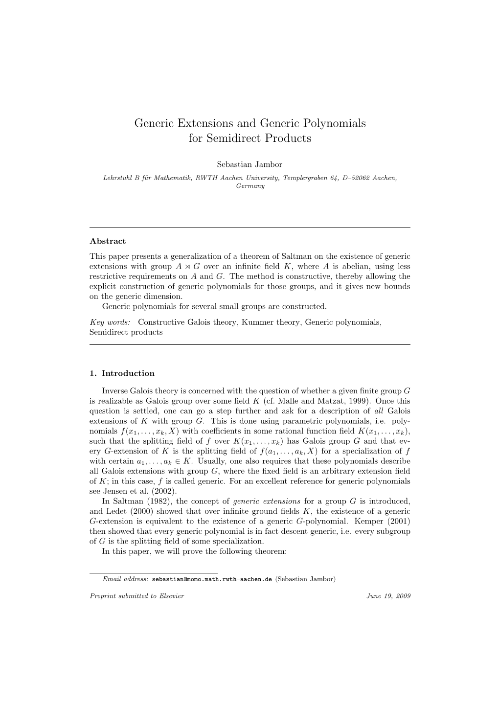 Generic Extensions and Generic Polynomials for Semidirect Products