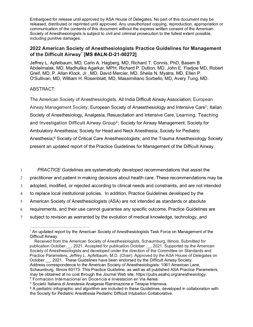 Practice Guidelines for Management of the Difficult Airway* [MS #ALN-D-21-00272] Jeffrey L