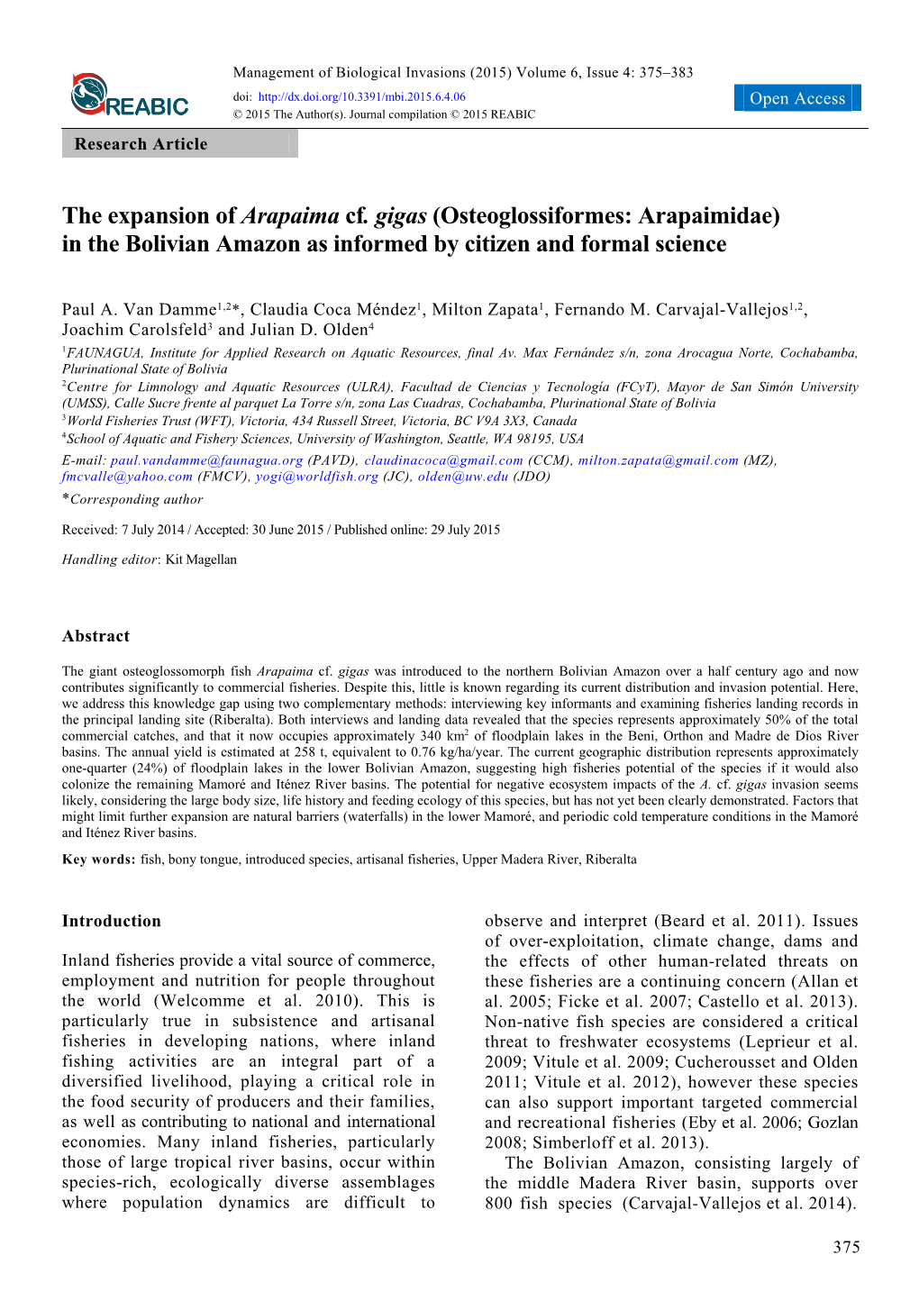 The Expansion of Arapaima Cf. Gigas (Osteoglossiformes: Arapaimidae) in the Bolivian Amazon As Informed by Citizen and Formal Science