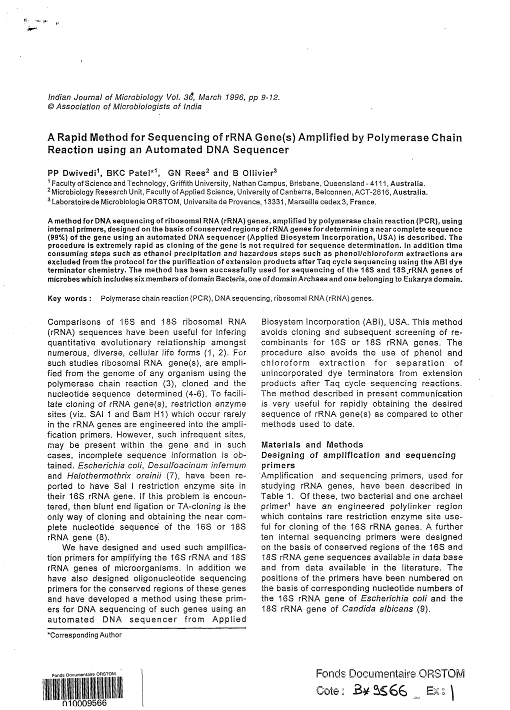 A Rapid Method for Sequencing of Rrna Gene(S)