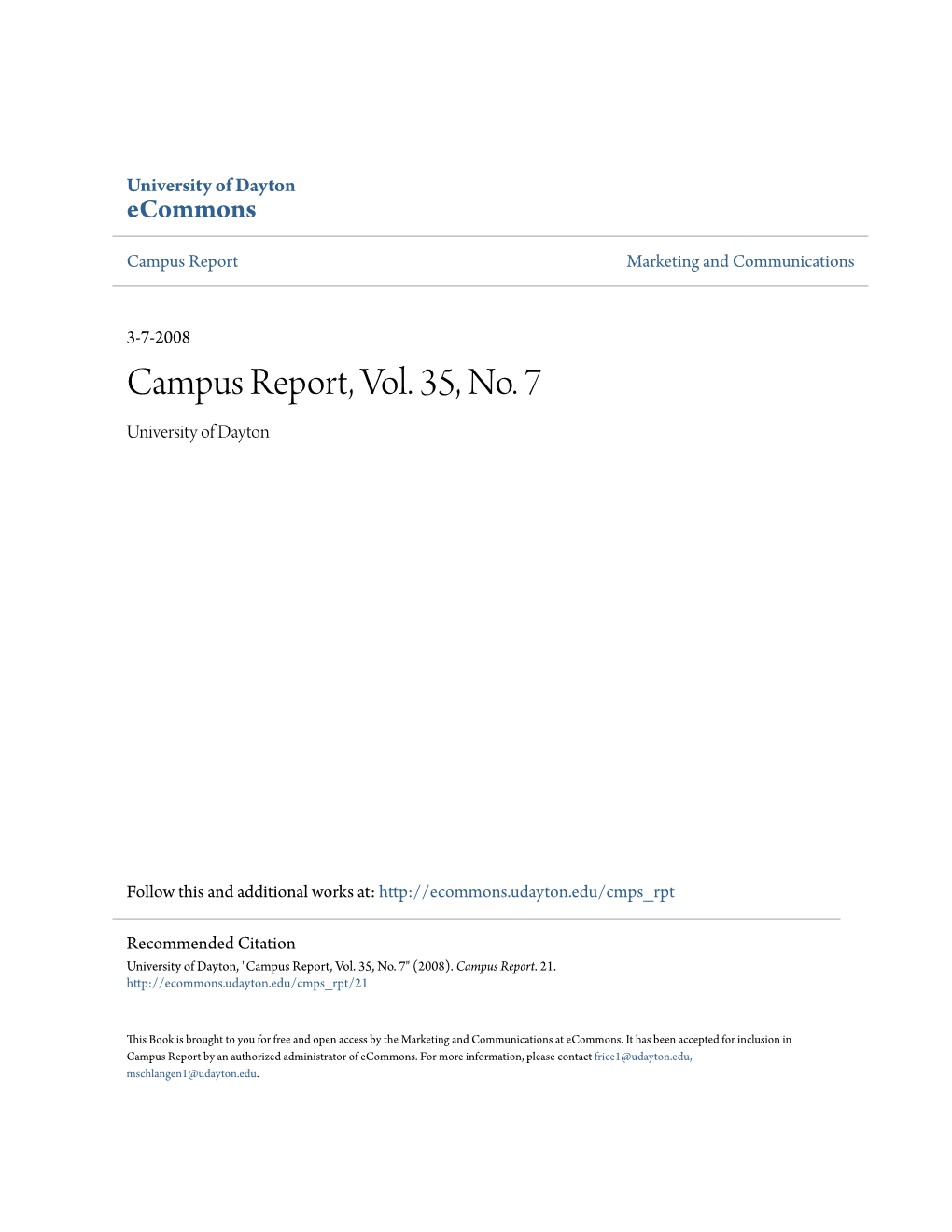 Campus Report, Vol. 35, No. 7 University of Dayton