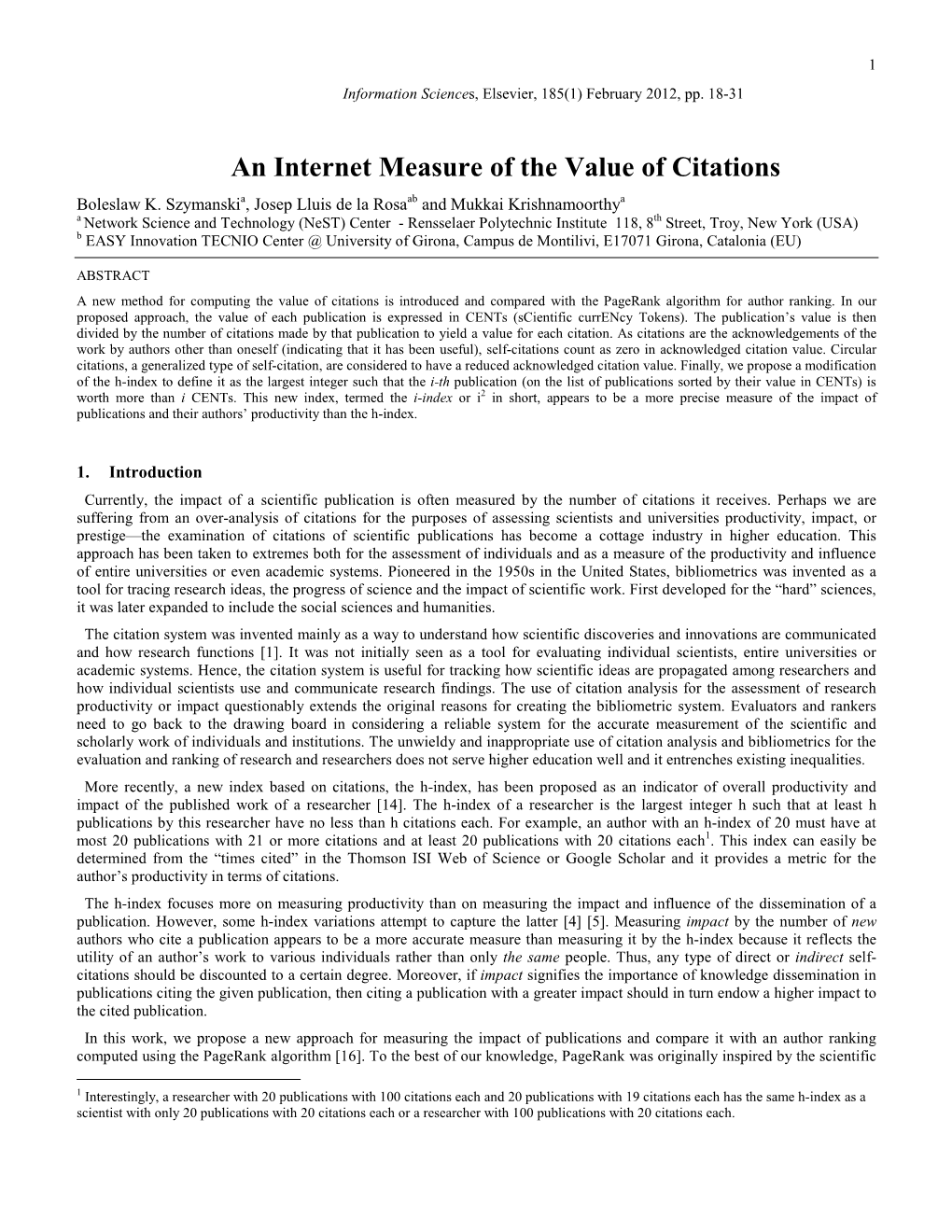 An Internet Measure of the Value of Citations Boleslaw K