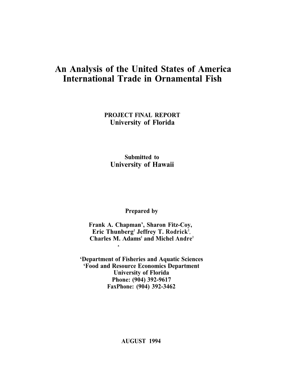 An Analysis of the United States of America International Trade in Ornamental Fish