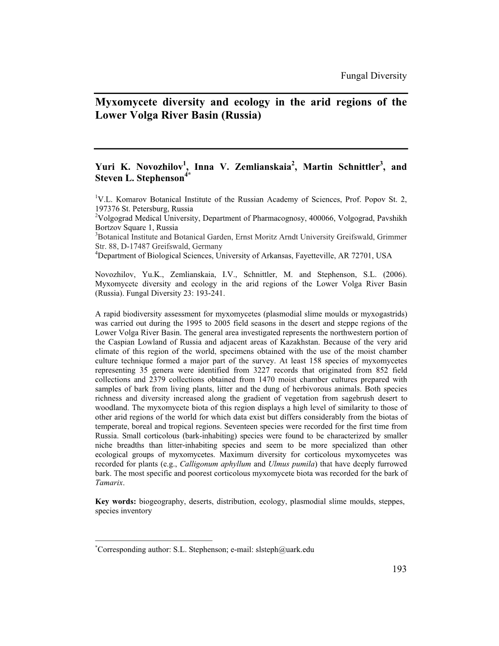 Myxomycete Diversity and Ecology in the Arid Regions of the Lower Volga River Basin (Russia)