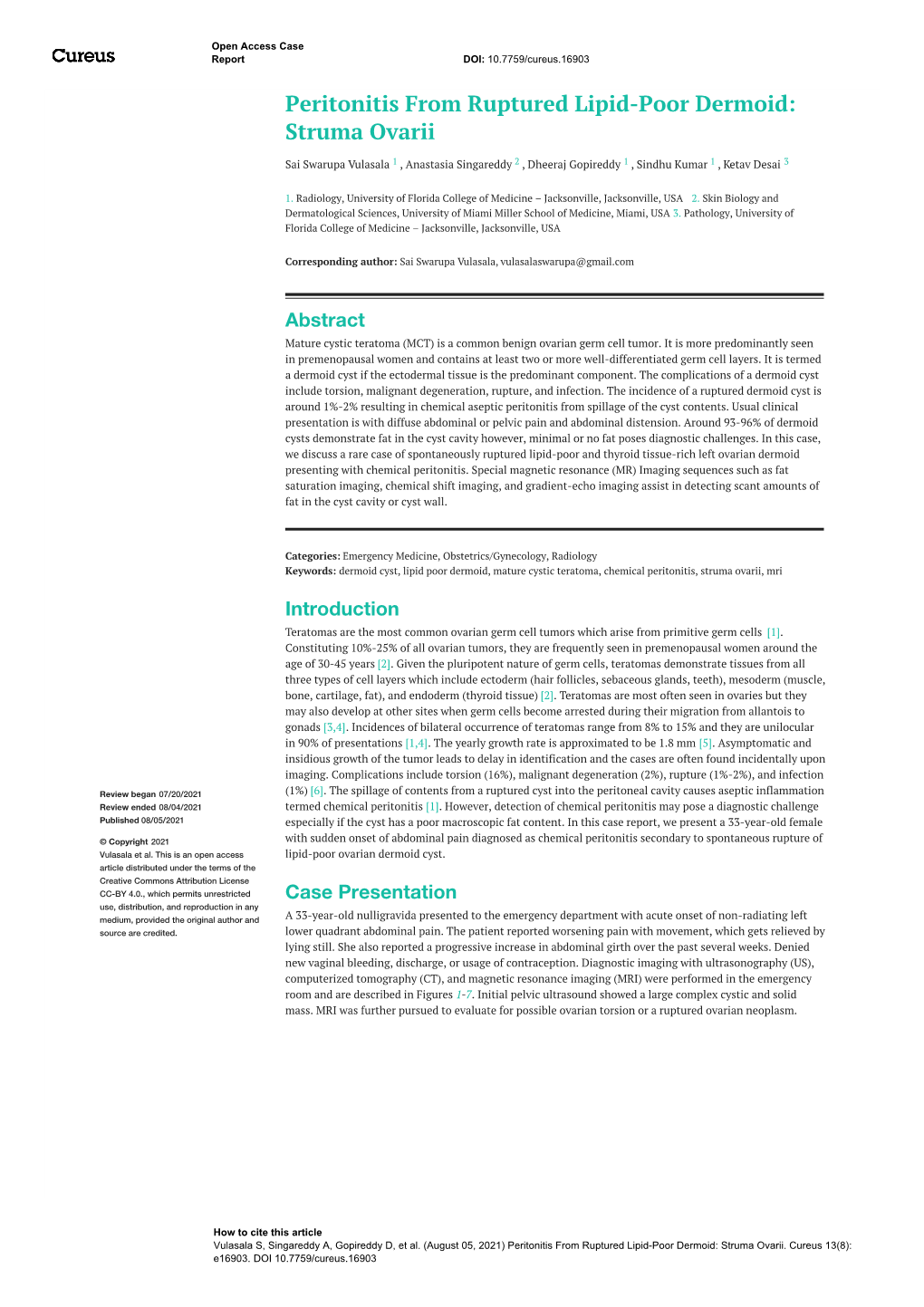 Peritonitis from Ruptured Lipid-Poor Dermoid: Struma Ovarii