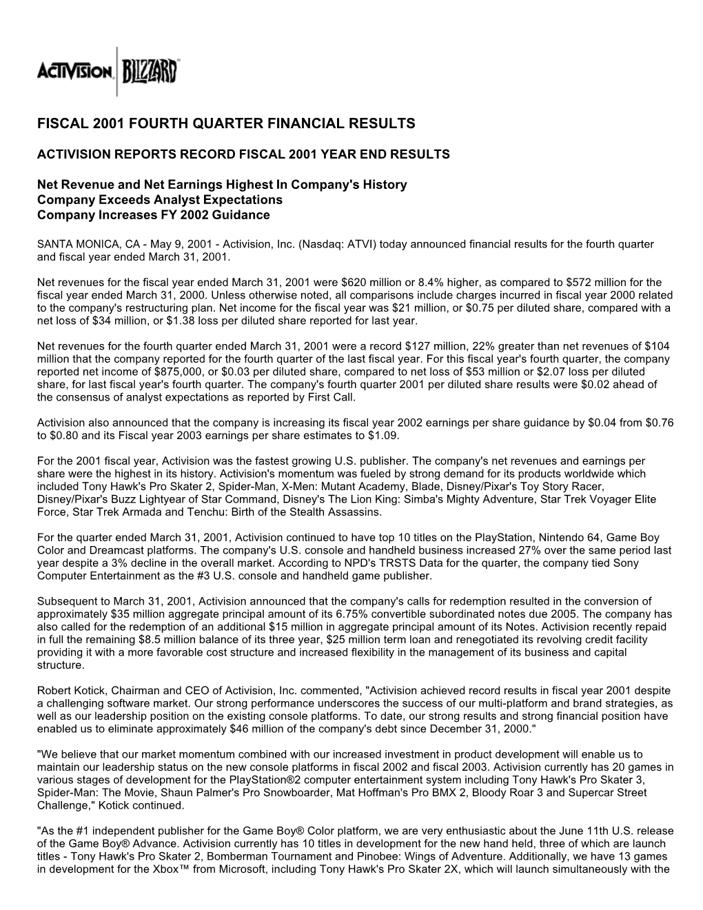 Fiscal 2001 Fourth Quarter Financial Results