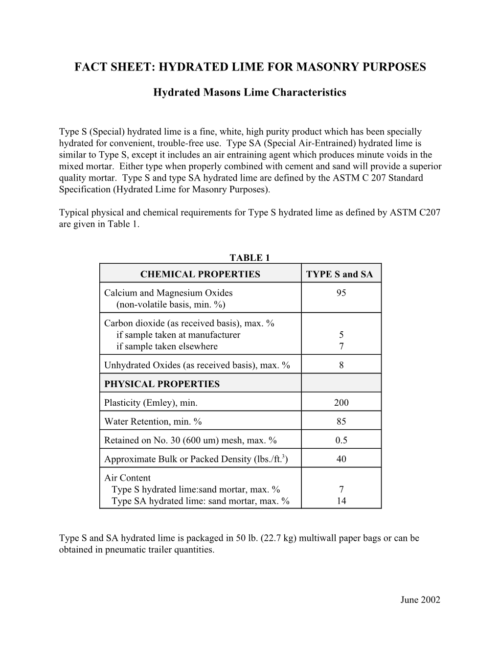 Fact Sheet on Hydrated Lime for Masonry Purposes