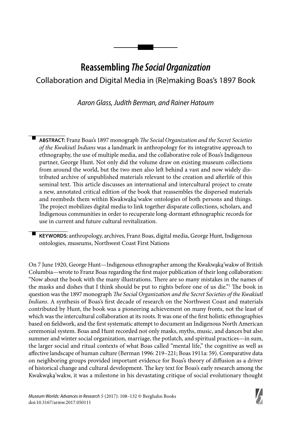 Nnn Reassembling the Social Organization Collaboration and Digital Media in (Re)Making Boas’S 1897 Book
