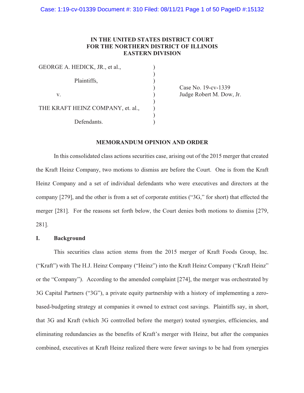 George A. Hedick, Jr., Et Al. V. the Kraft Heinz Company, Et Al. 19-CV-01339-Memorandum Opinion and Order