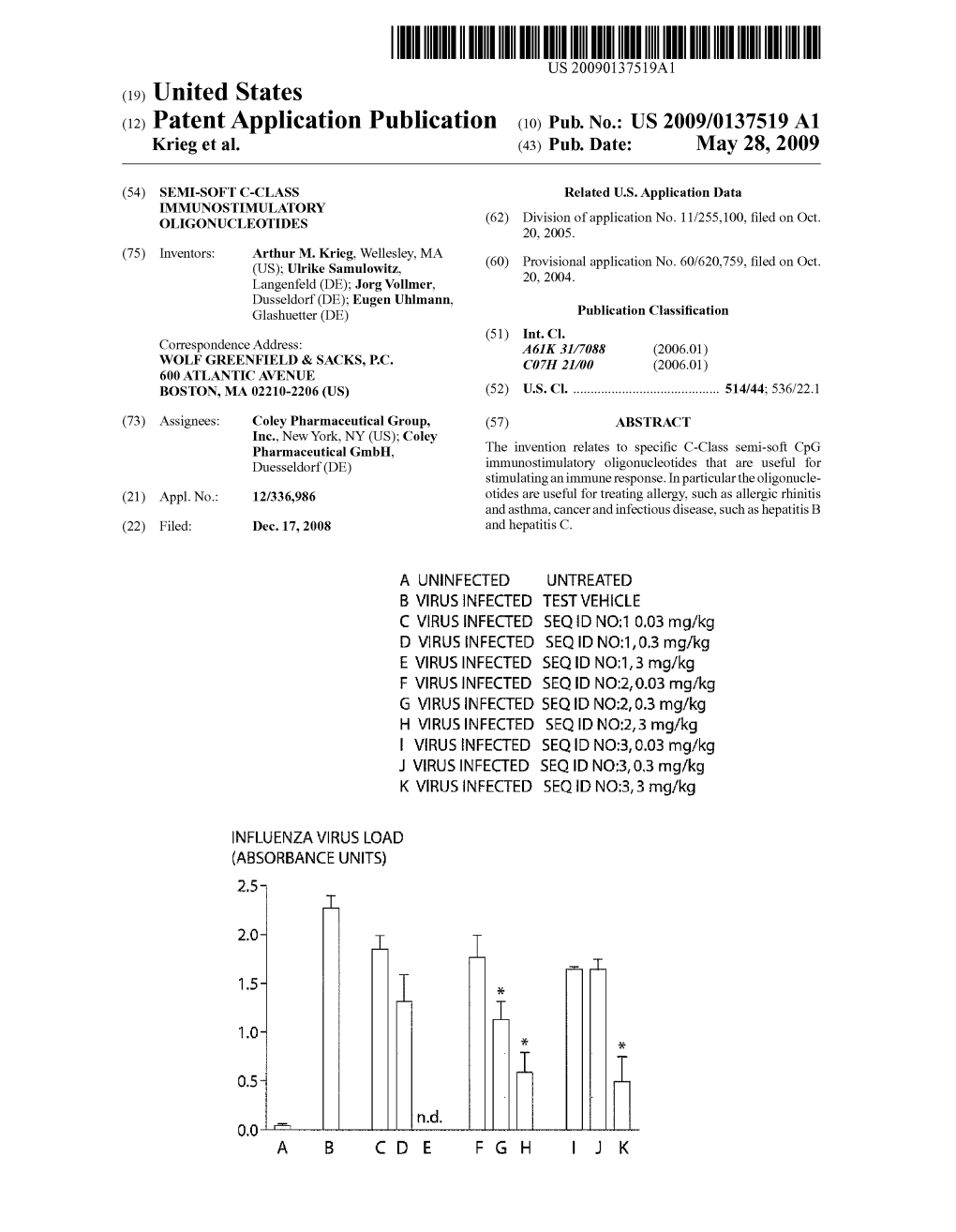 (12) Patent Application Publication (10) Pub. No.: US 2009/0137519 A1 Krieg Et Al