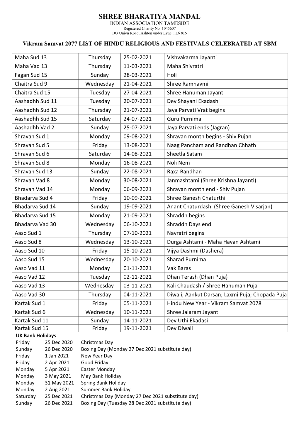 Dates for Utsavs in English