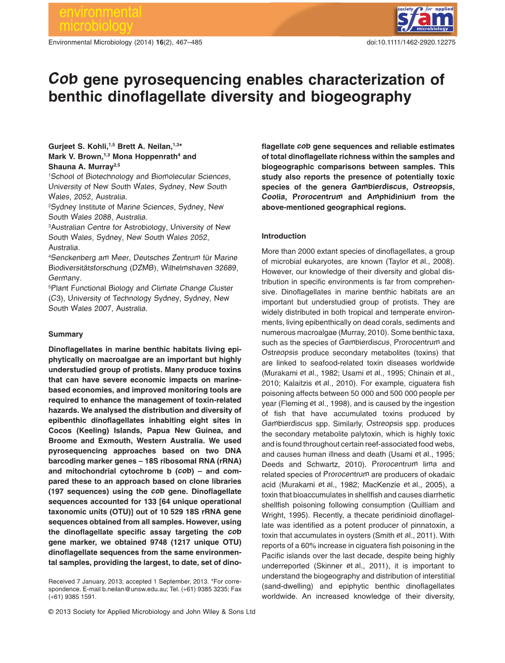 Cob Gene Pyrosequencing Enables Characterization of Benthic Dinoﬂagellate Diversity and Biogeography