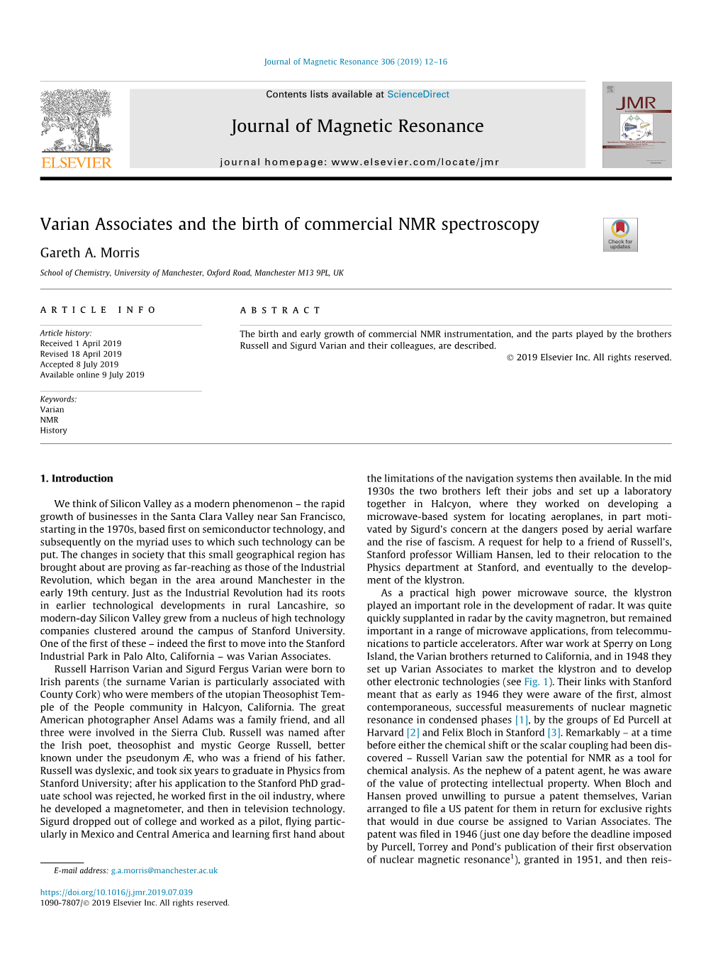 Varian Associates and the Birth of Commercial NMR Spectroscopy