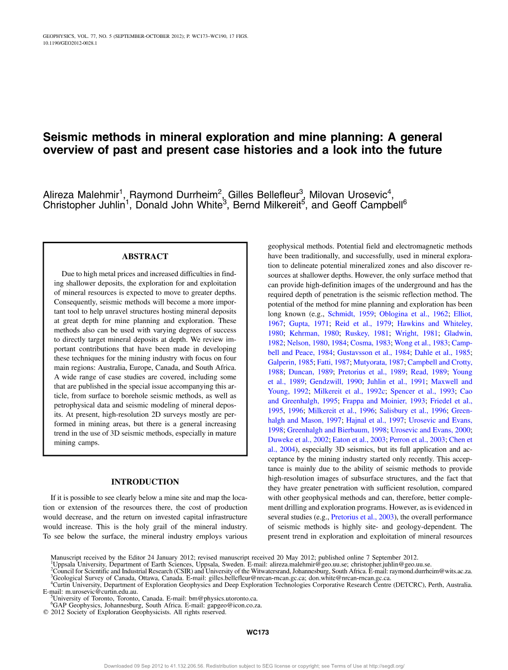 Seismic Methods in Mineral Exploration and Mine Planning: a General Overview of Past and Present Case Histories and a Look Into the Future