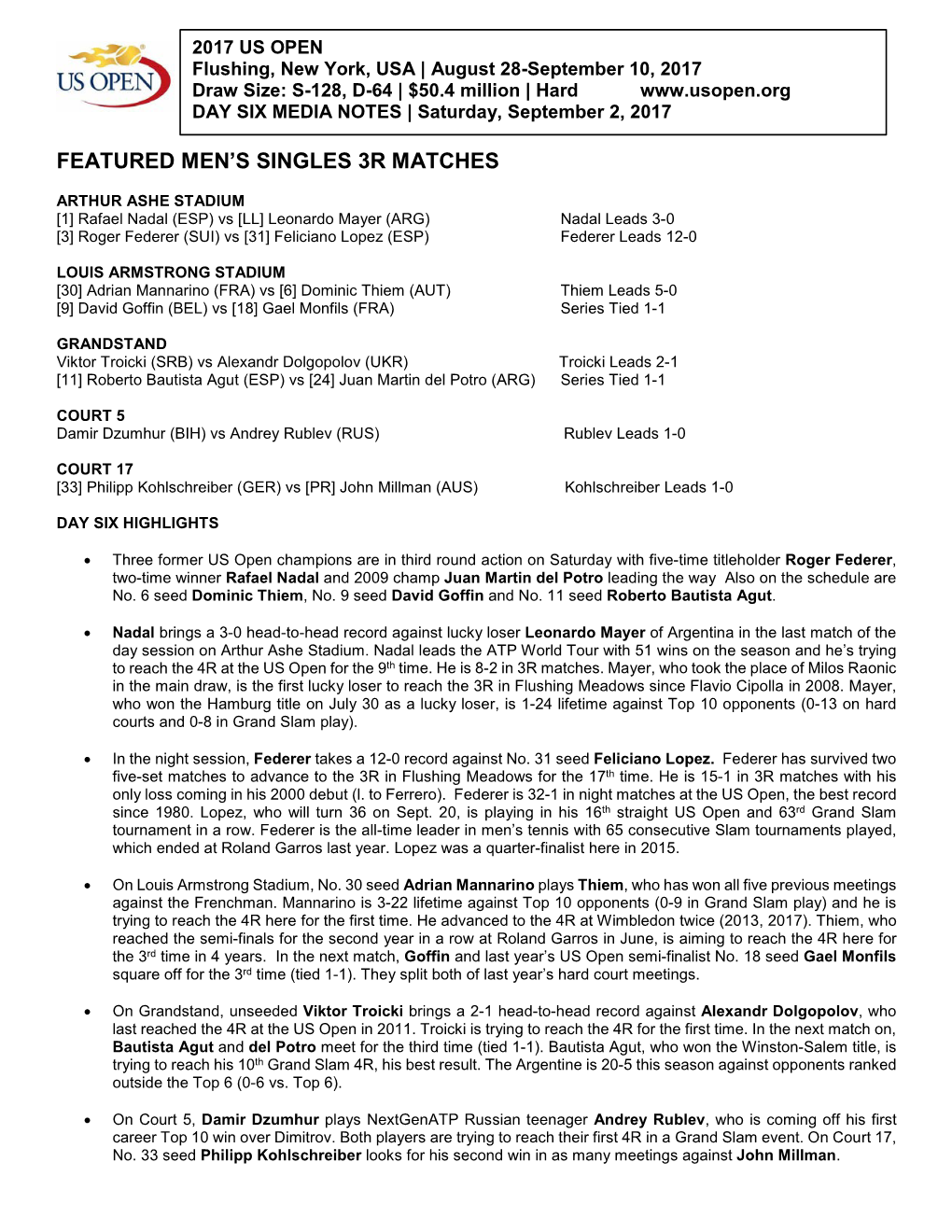 Featured Men's Singles 3R Matches