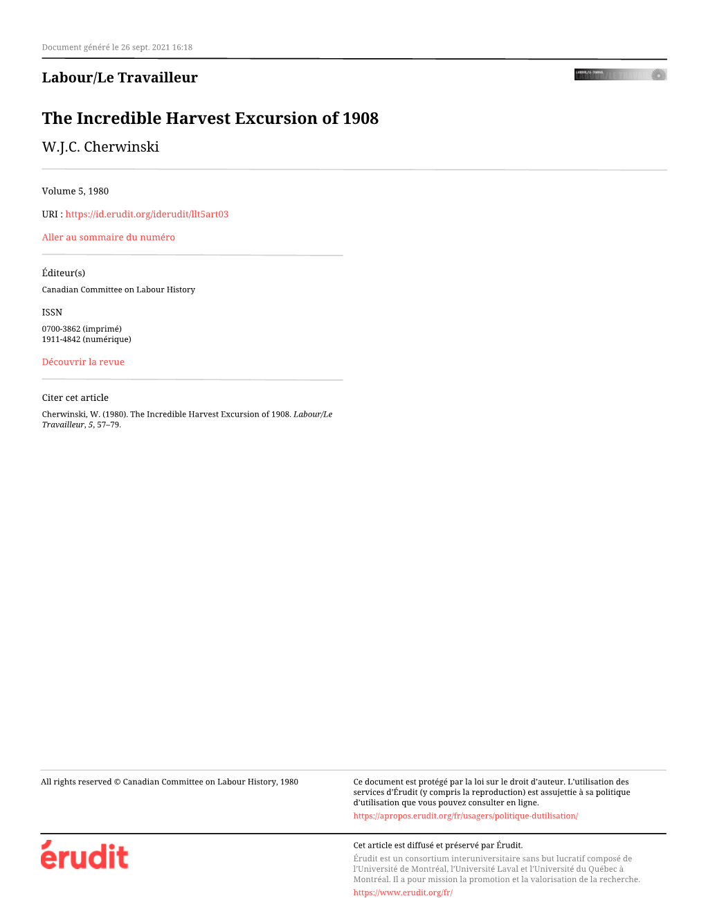 The Incredible Harvest Excursion of 1908 W.J.C