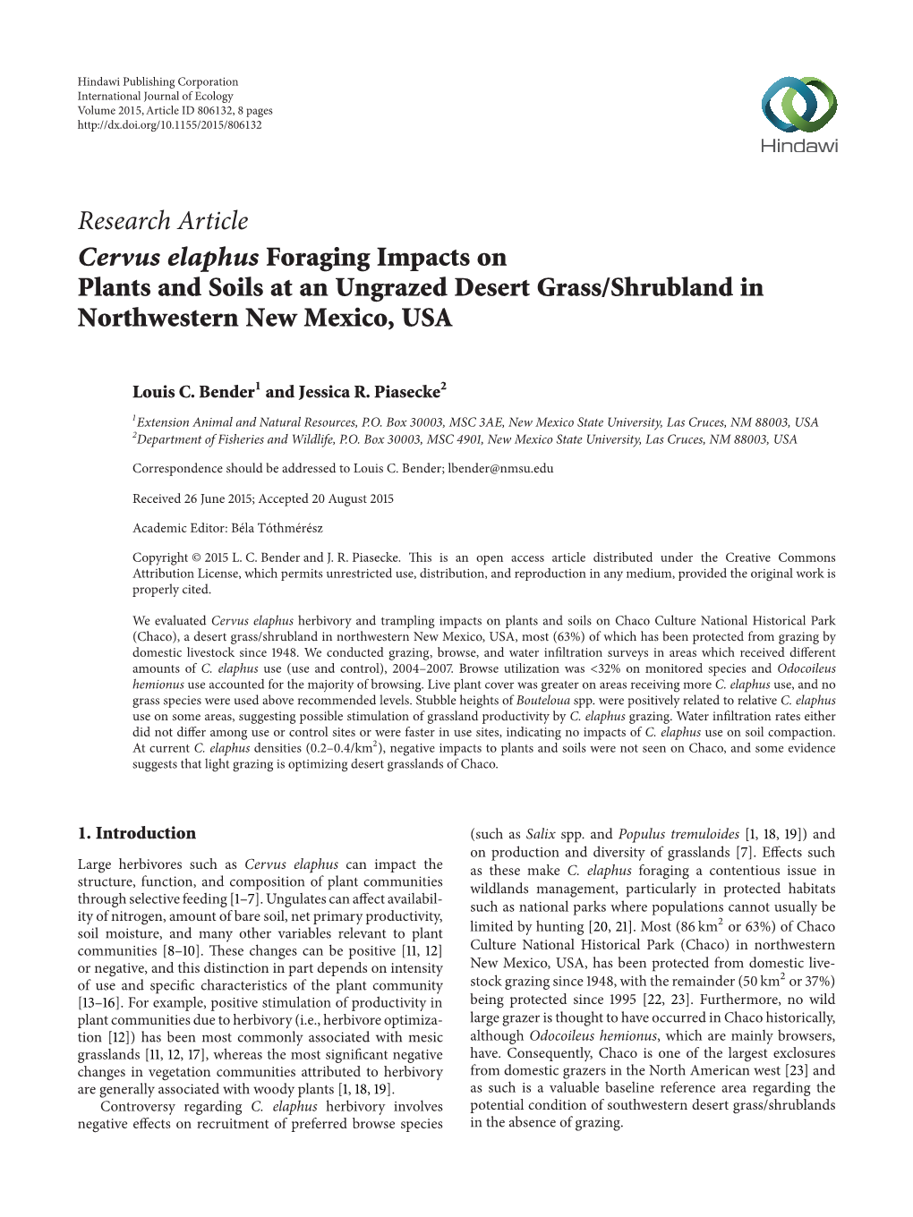 Cervus Elaphus Foraging Impacts on Plants and Soils at an Ungrazed Desert Grass/Shrubland in Northwestern New Mexico, USA