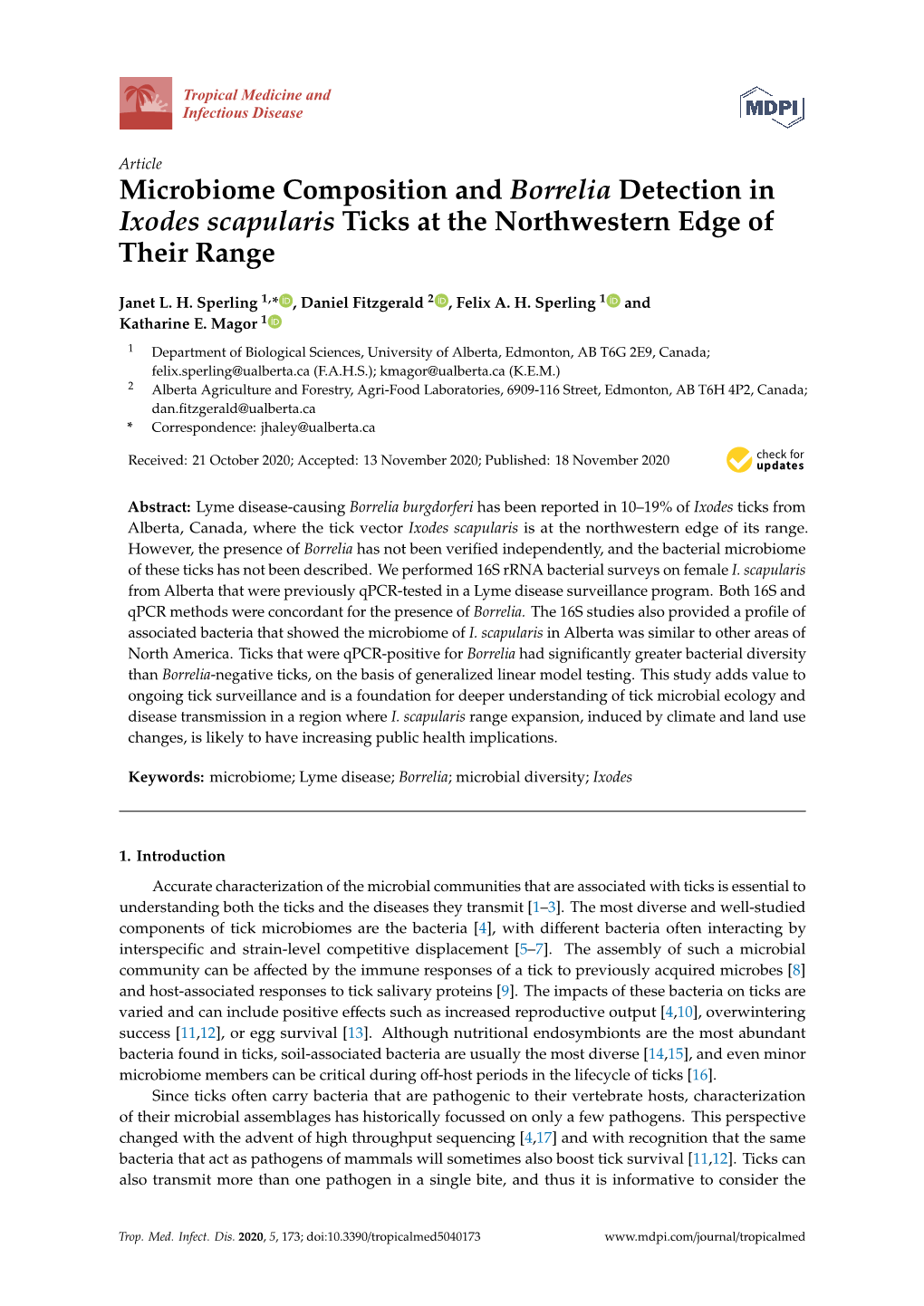 Microbiome Composition and Borrelia Detection in Ixodes Scapularis Ticks at the Northwestern Edge of Their Range