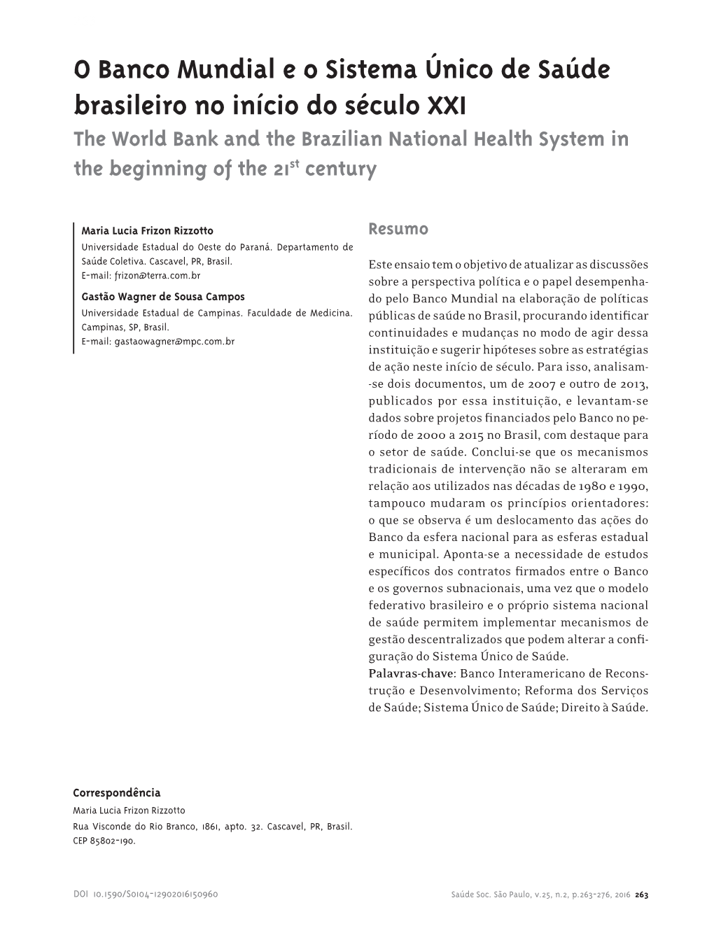 The World Bank and the Brazilian National Health System in the Beginning of the 21St Century