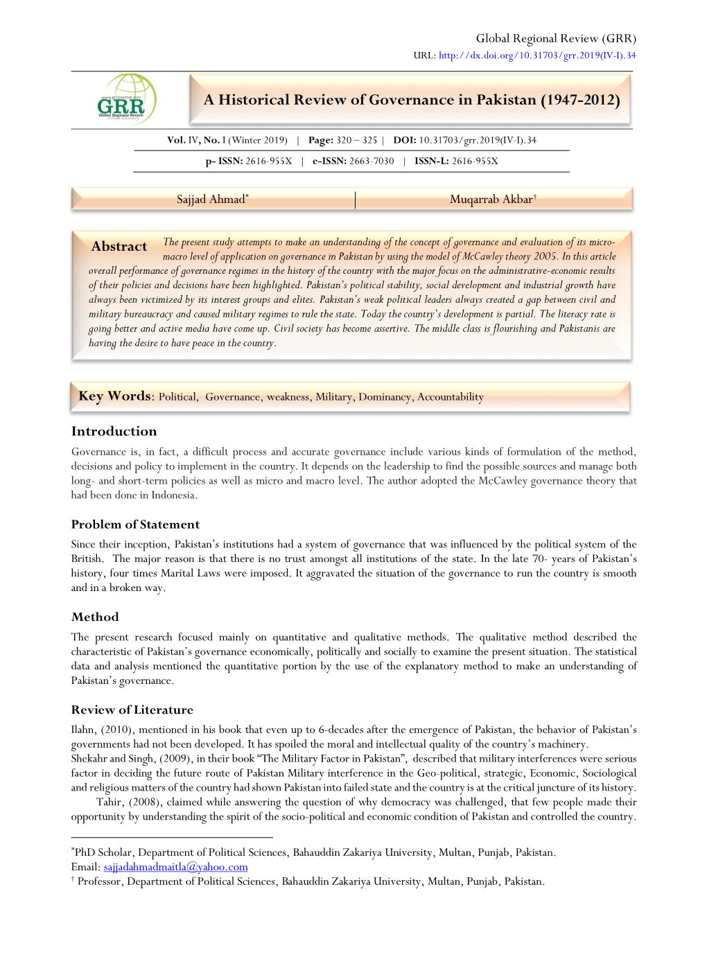 A Historical Review of Governance in Pakistan (1947-2012)