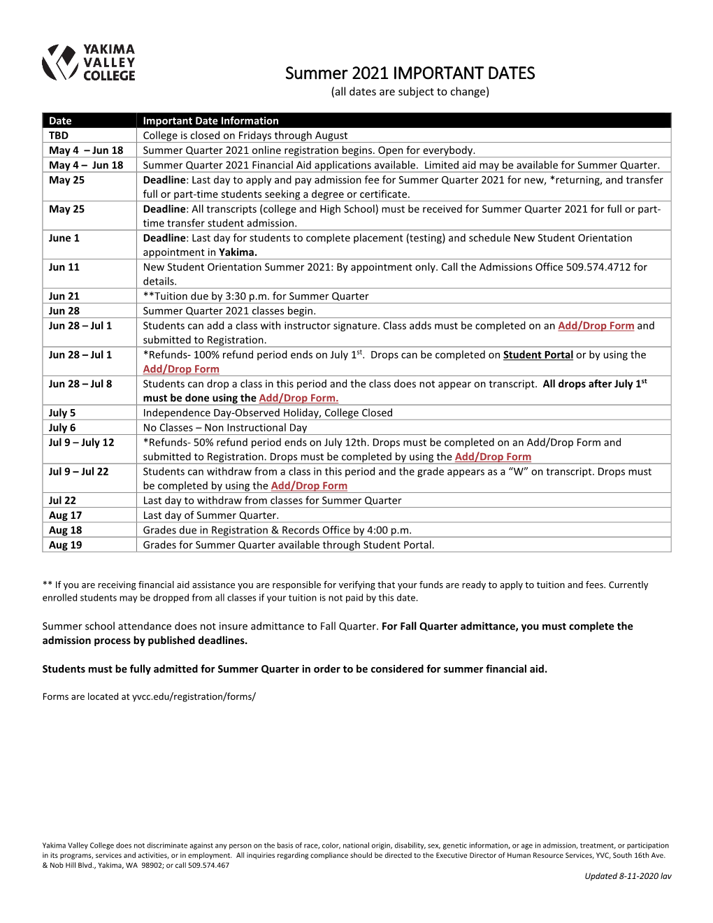 Summer 2021 IMPORTANT DATES (All Dates Are Subject to Change)