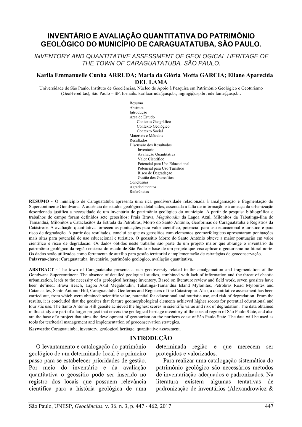 Inventário E Avaliação Quantitativa Do Patrimônio Geológico Do Município De Caraguatatuba, São Paulo