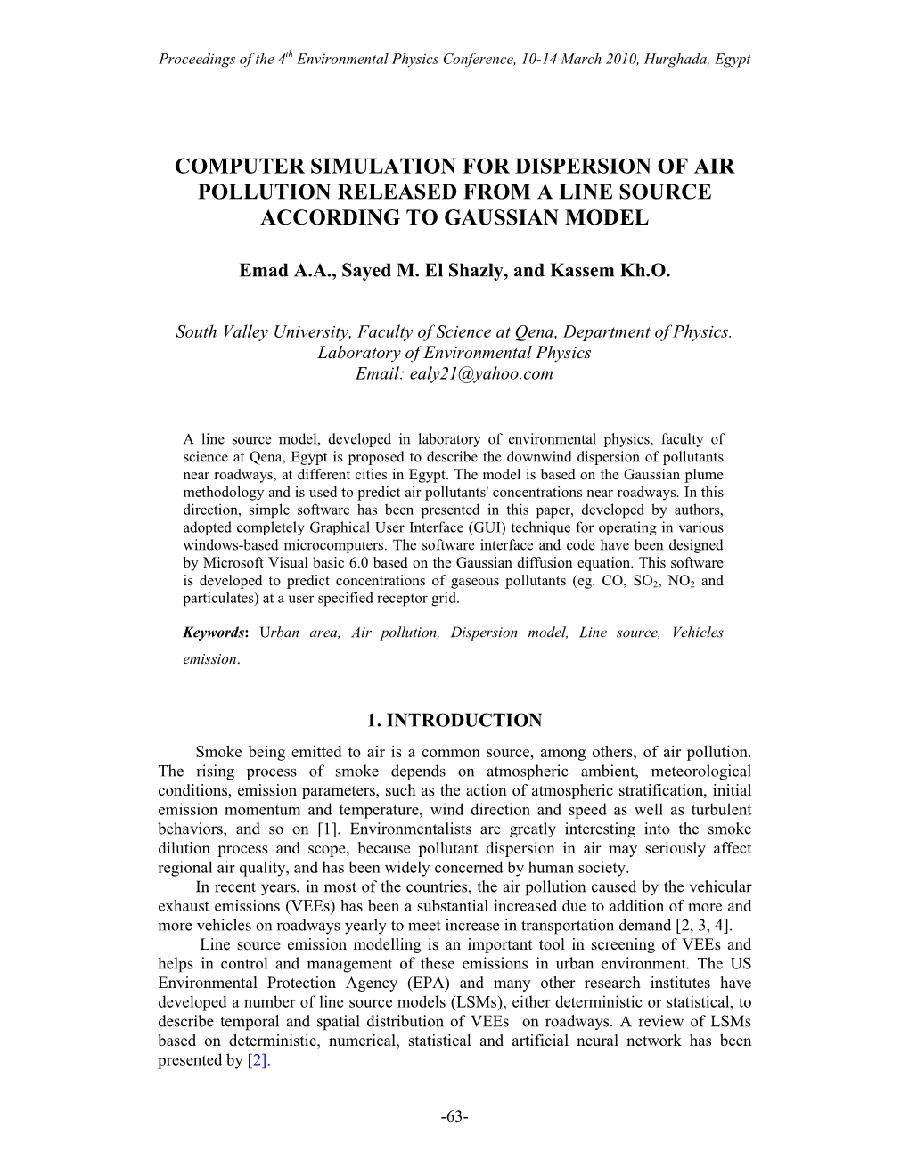 Computer Simulation for Dispersion of Air Pollution Released from a Line Source According to Gaussian Model