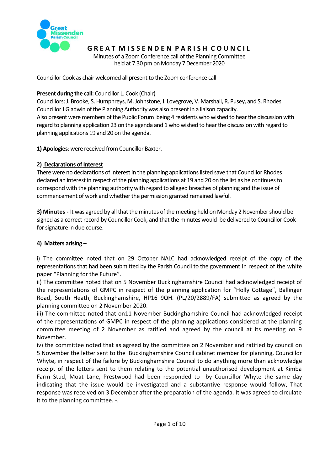 GREAT MISSENDEN PARISH COUNCIL Minutes of a Zoom Conference Call of the Planning Committee Held at 7.30 Pm on Monday 7 December 2020