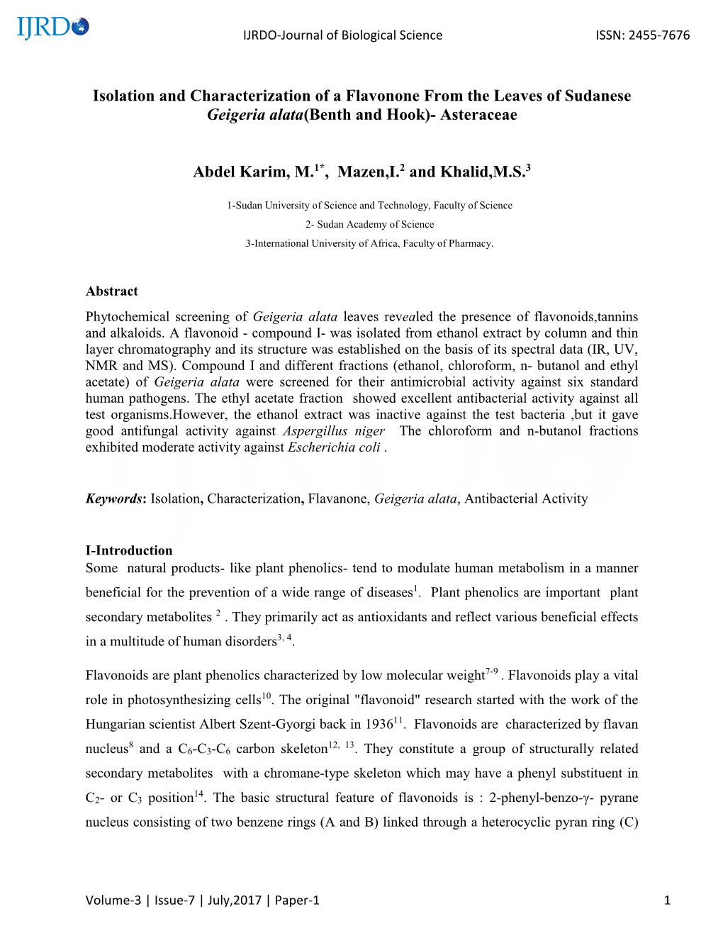 Isolation and Characterization of a Flavonone from the Leaves of Sudanese Geigeria Alata(Benth and Hook)- Asteraceae