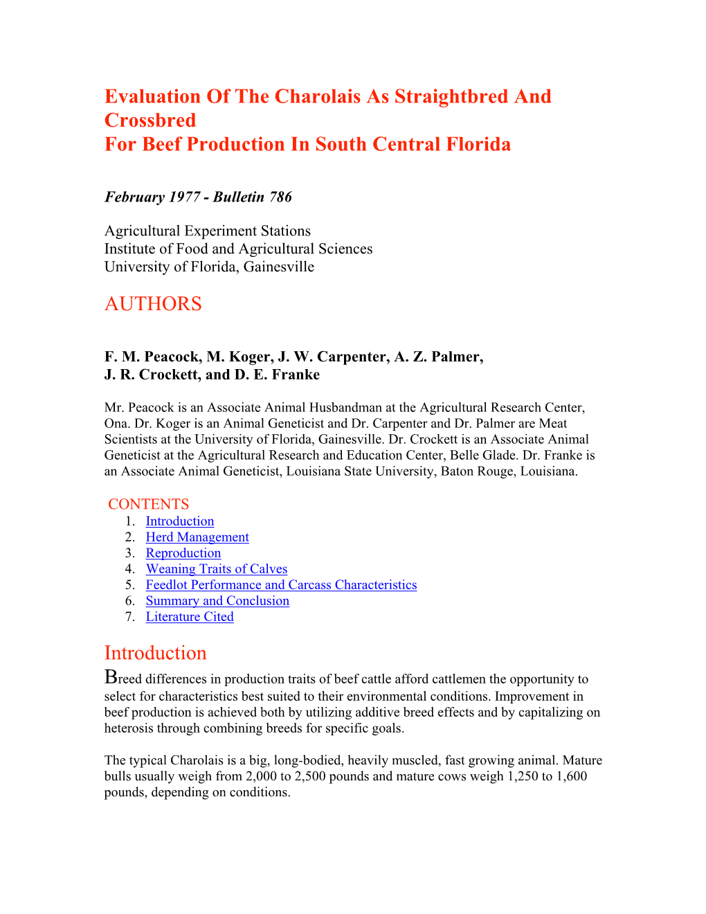 Evaluation of the Charolais As Straightbred and Crossbred for Beef Production in South Central Florida