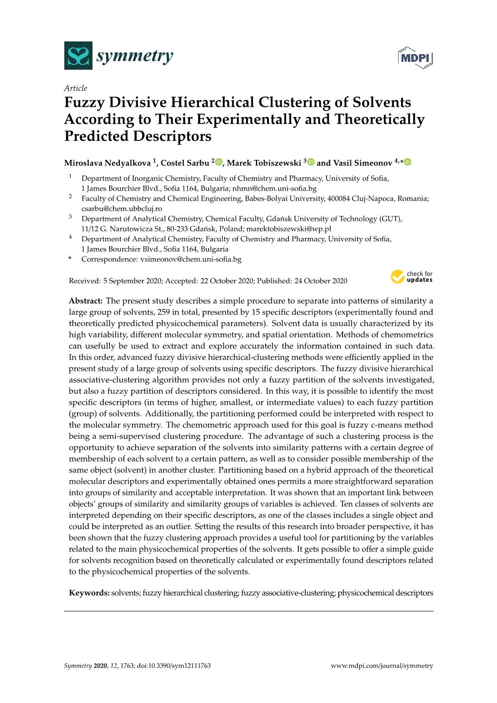 Fuzzy Divisive Hierarchical Clustering of Solvents According to Their Experimentally and Theoretically Predicted Descriptors