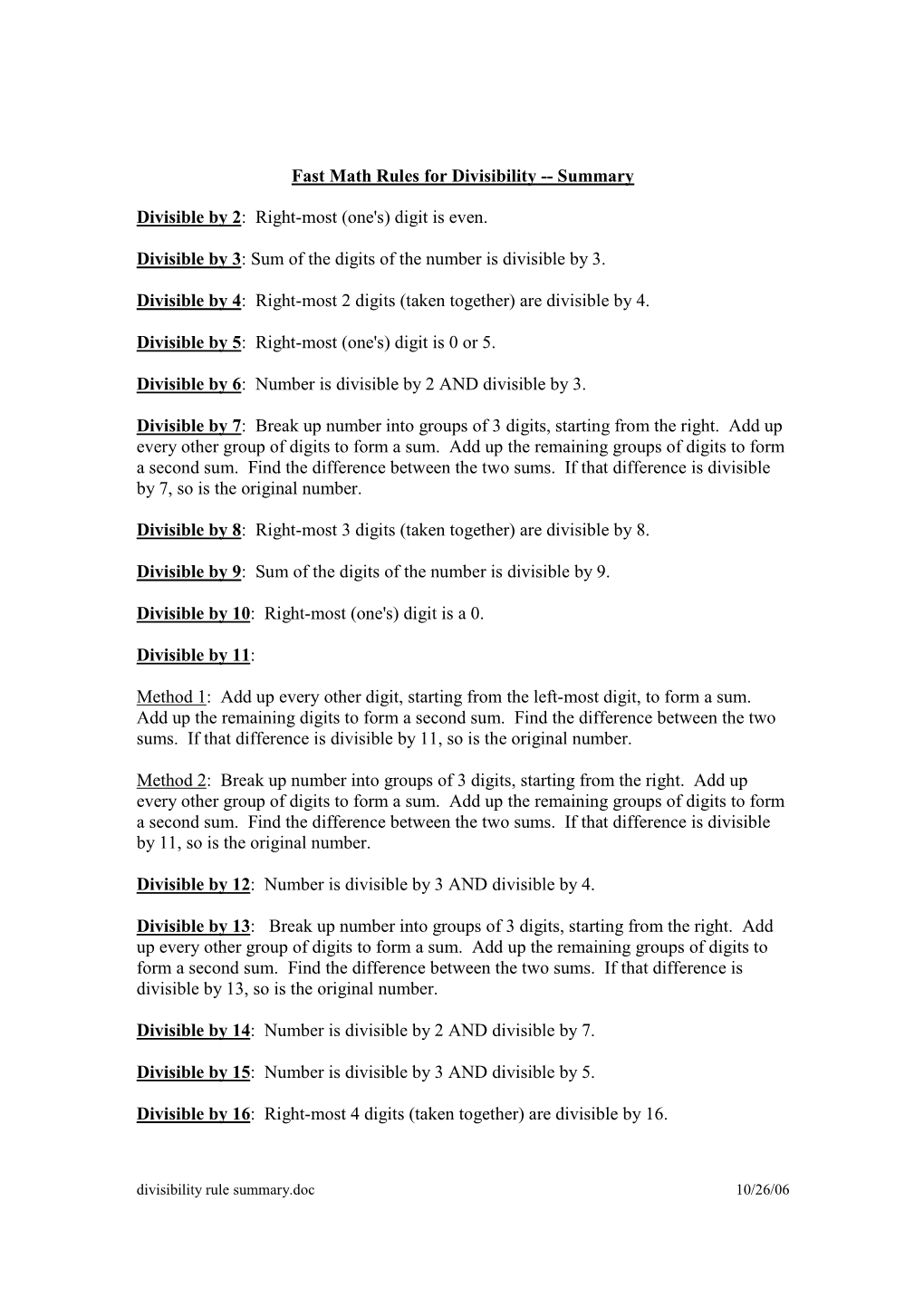 Divisibility Rule Summary.Doc 10/26/06