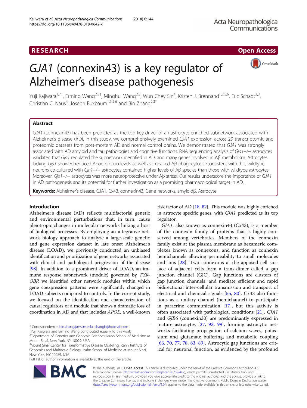 GJA1 (Connexin43) Is a Key Regulator of Alzheimer's Disease Pathogenesis