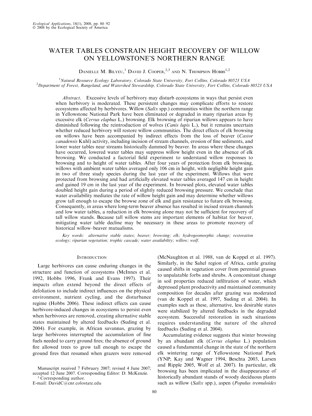 Water Tables Constrain Height Recovery of Willow on Yellowstone's Northern