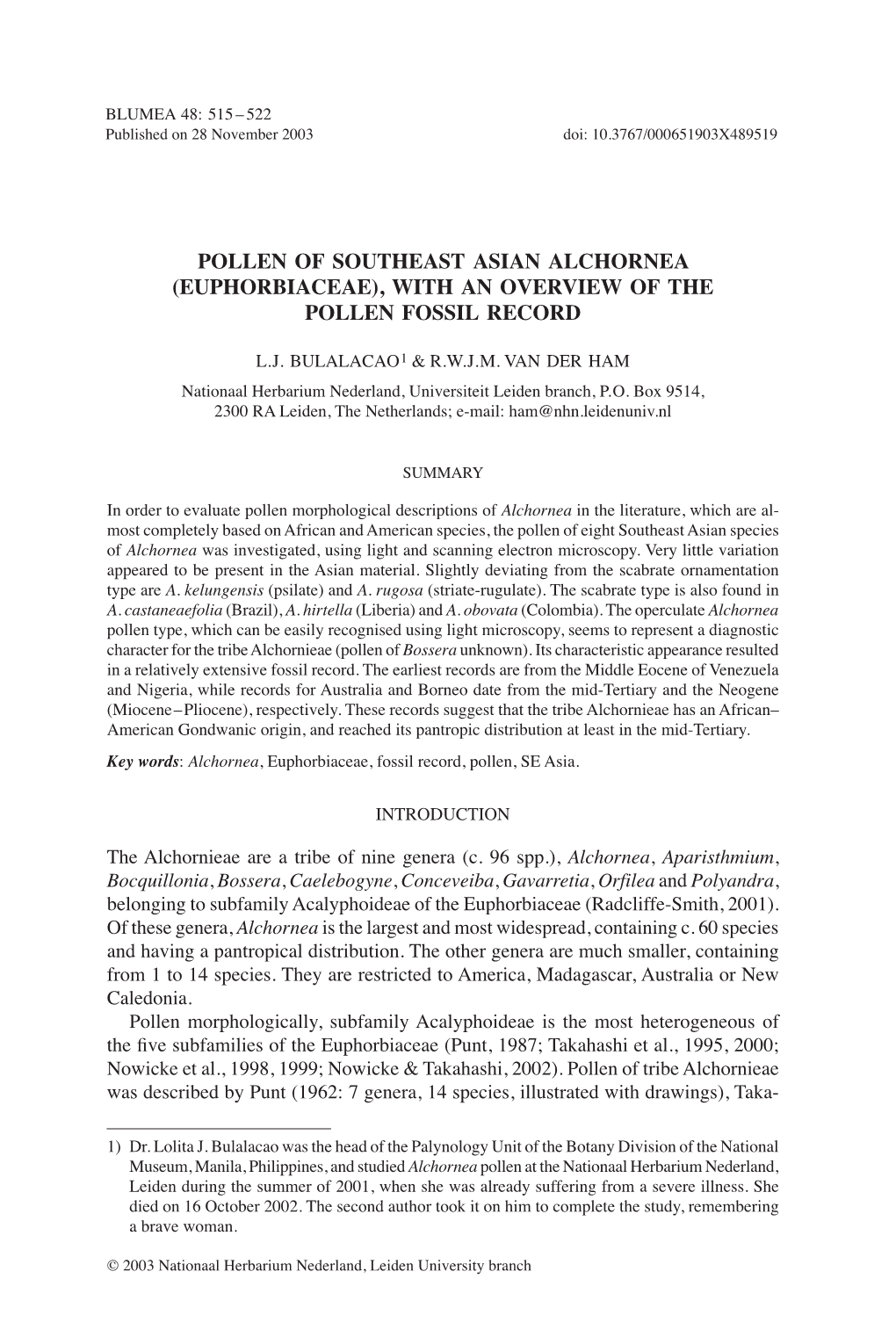 Pollen of Southeast Asian Alchornea (Euphorbiaceae), with an Overview of the Pollen Fossil Record