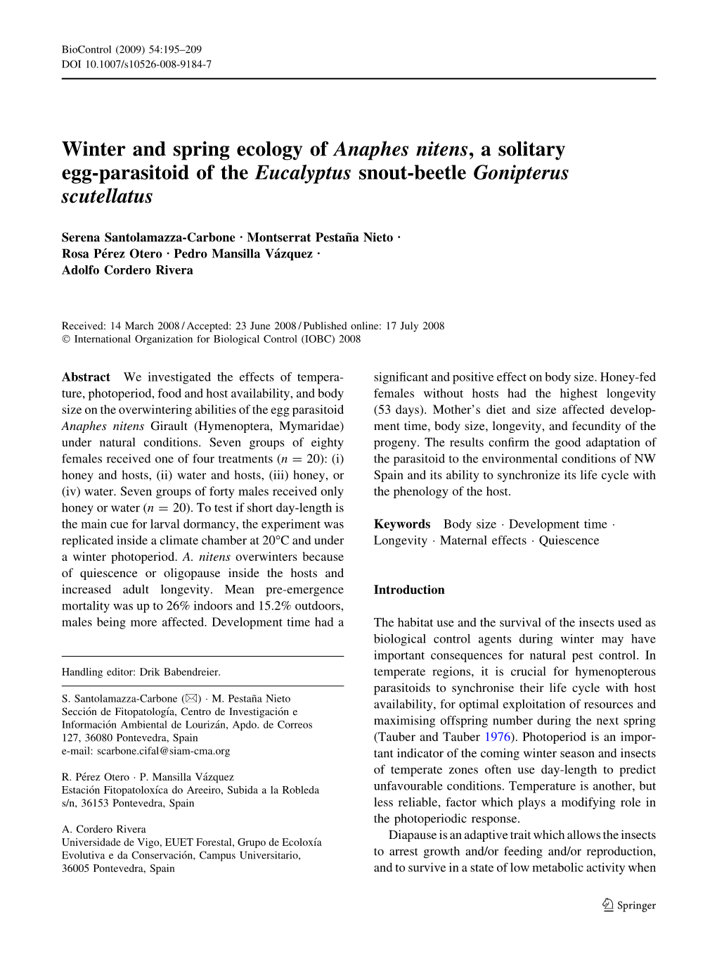 Winter and Spring Ecology of Anaphes Nitens, a Solitary Egg-Parasitoid of the Eucalyptus Snout-Beetle Gonipterus Scutellatus