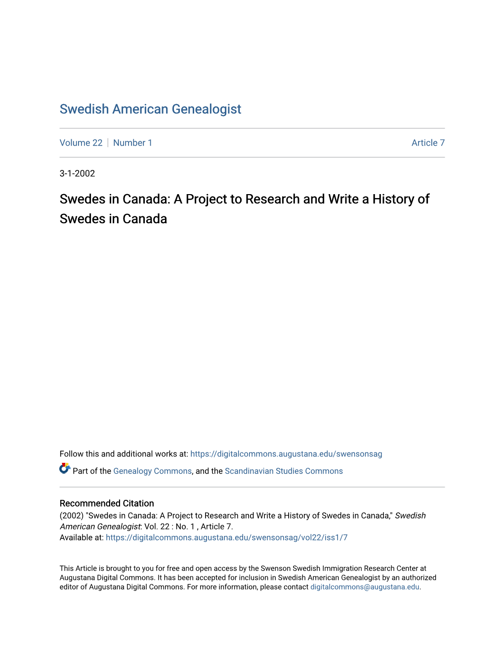 Swedes in Canada: a Project to Research and Write a History of Swedes in Canada