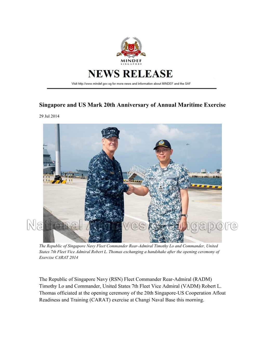 Singapore and US Mark 20Th Anniversary of Annual Maritime Exercise