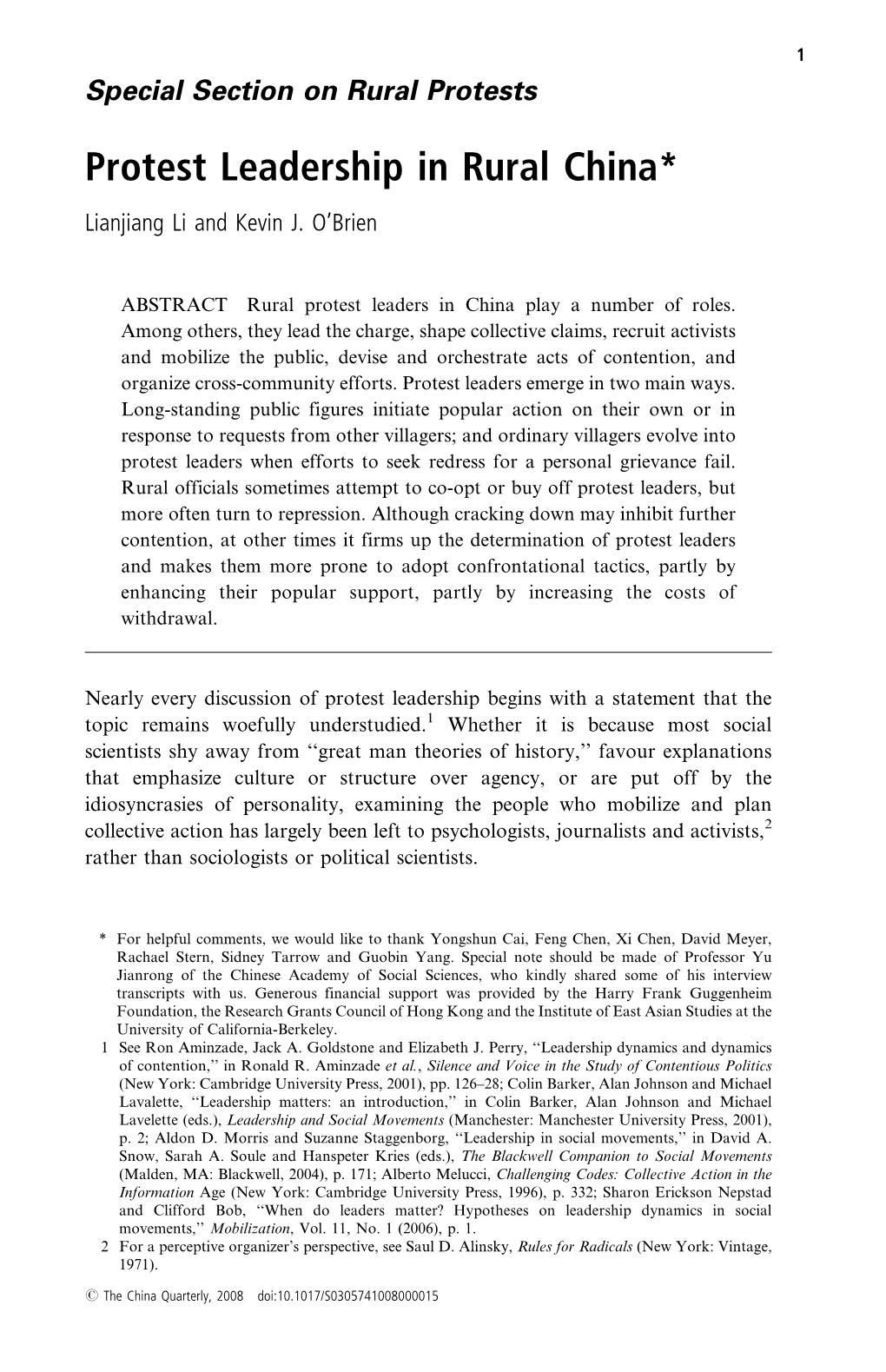 Protest Leadership in Rural China* Lianjiang Li and Kevin J