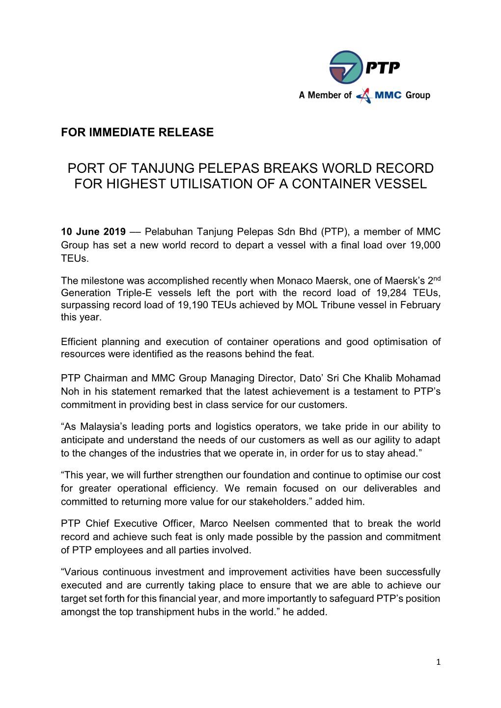 Port of Tanjung Pelepas Breaks World Record for Highest Utilisation of a Container Vessel