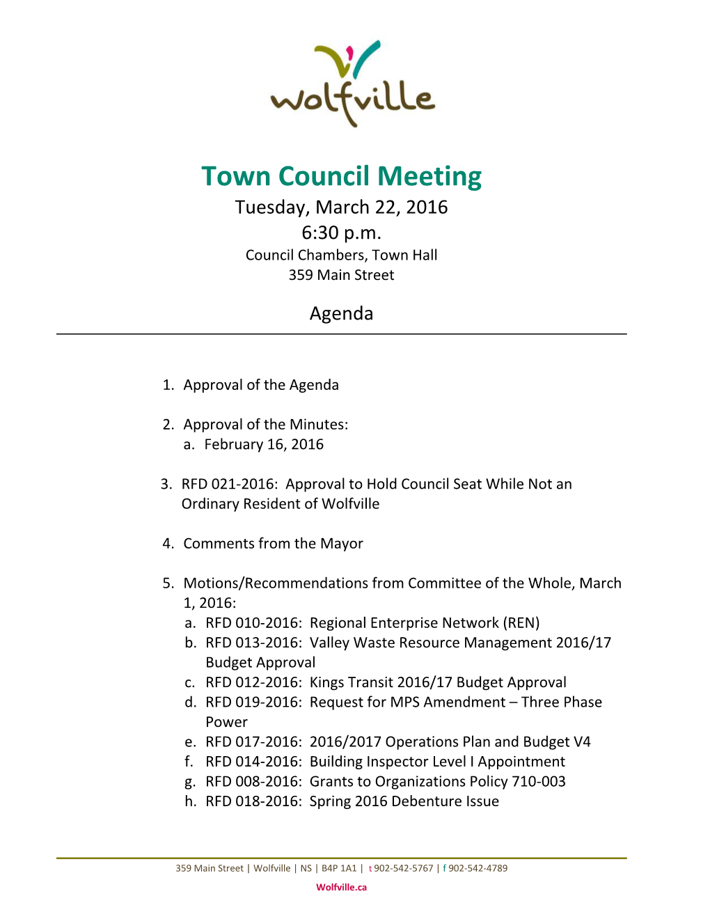 Town Council Meeting Tuesday, March 22, 2016 6:30 P.M